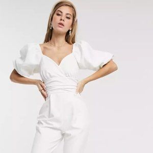 Puff Sleeve Jumpsuit with Lace up Back Detail